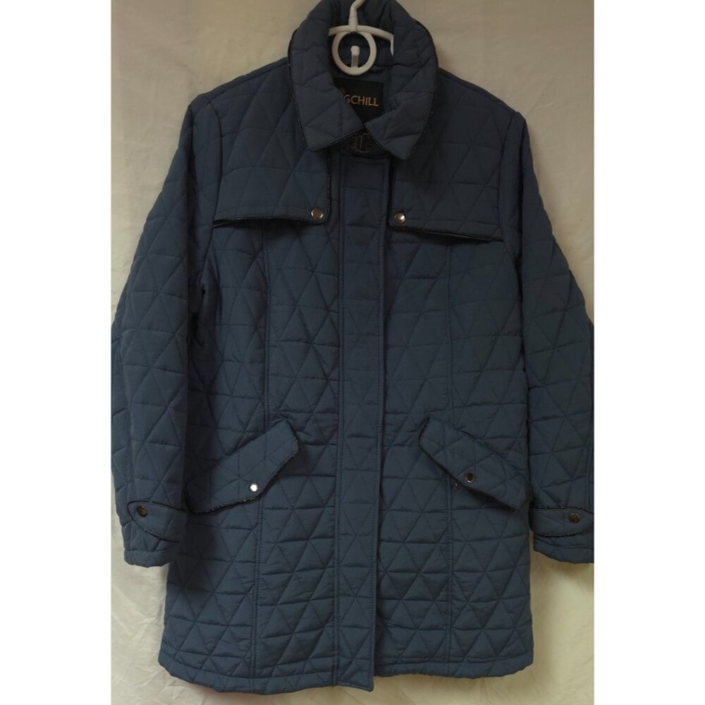 Vtg Big Chill Womens Large Blue Zip Snap Quilted Lined Long Coat Jacket
